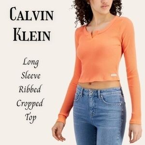 CALVIN KLEIN Long Sleeve Ribbed Cropped Split Neck Fitted Henley Coral/XL NWT